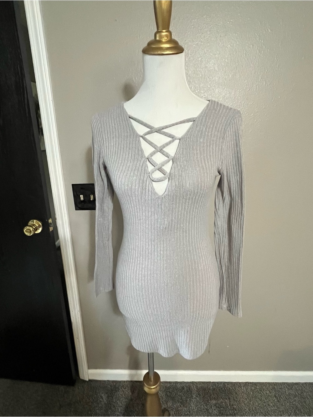 Light Gray Ribbed Crisscross V-Neck Women's dress